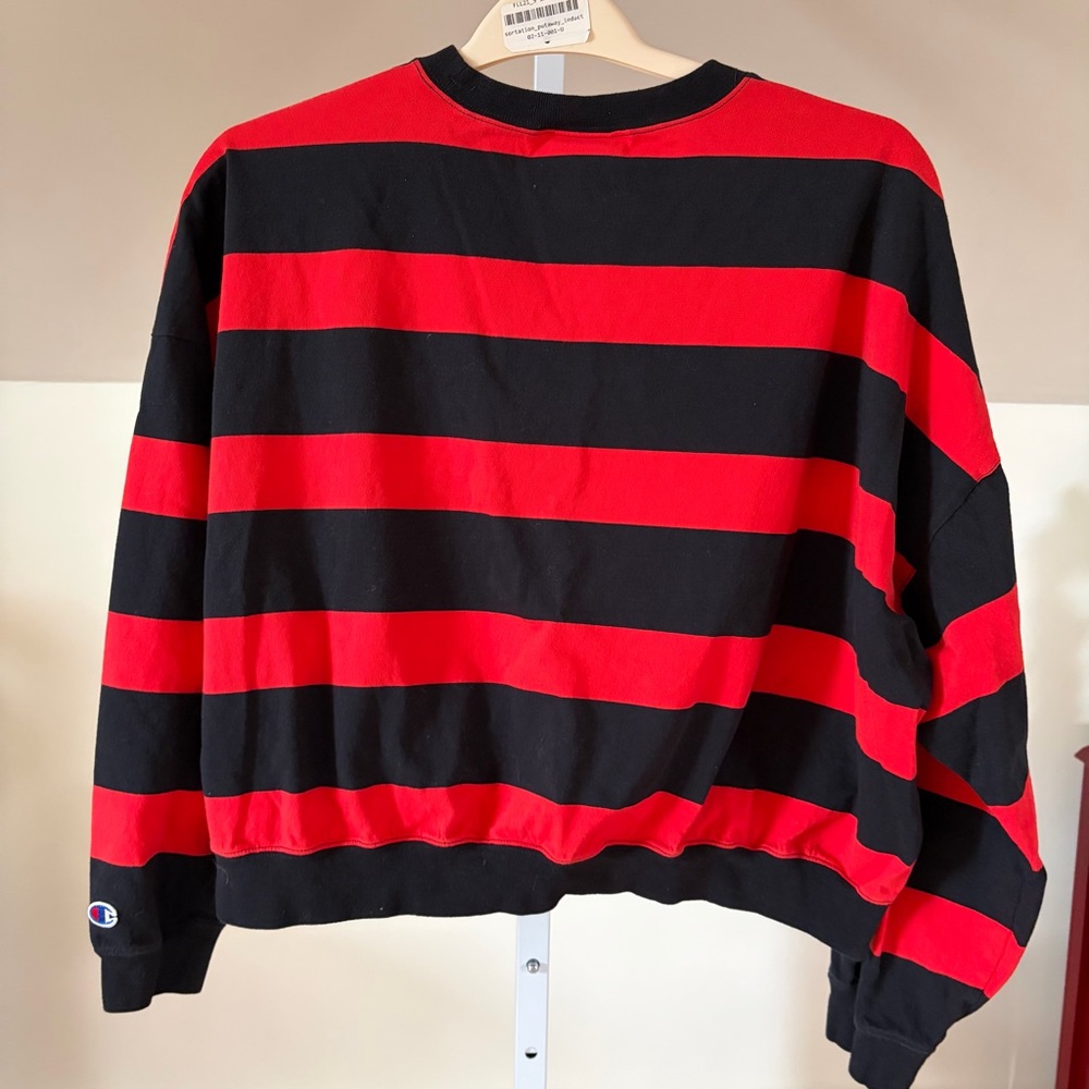 Champion Red Black Striped Crewneck Long Sleeve T-Shirt Sweatshirt Athleisure S - Picture 4 of 5